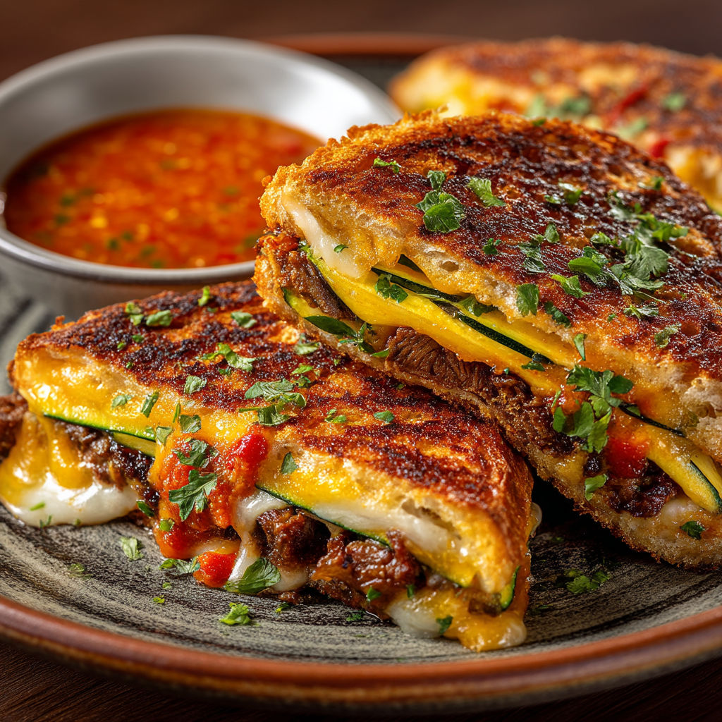 Croque monsieur avec courgettes grillées et sauce criolla.