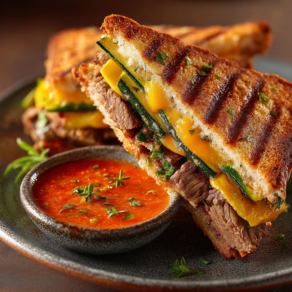 Une portion de croque monsieur avec des courgettes grillées et une sauce criolla.