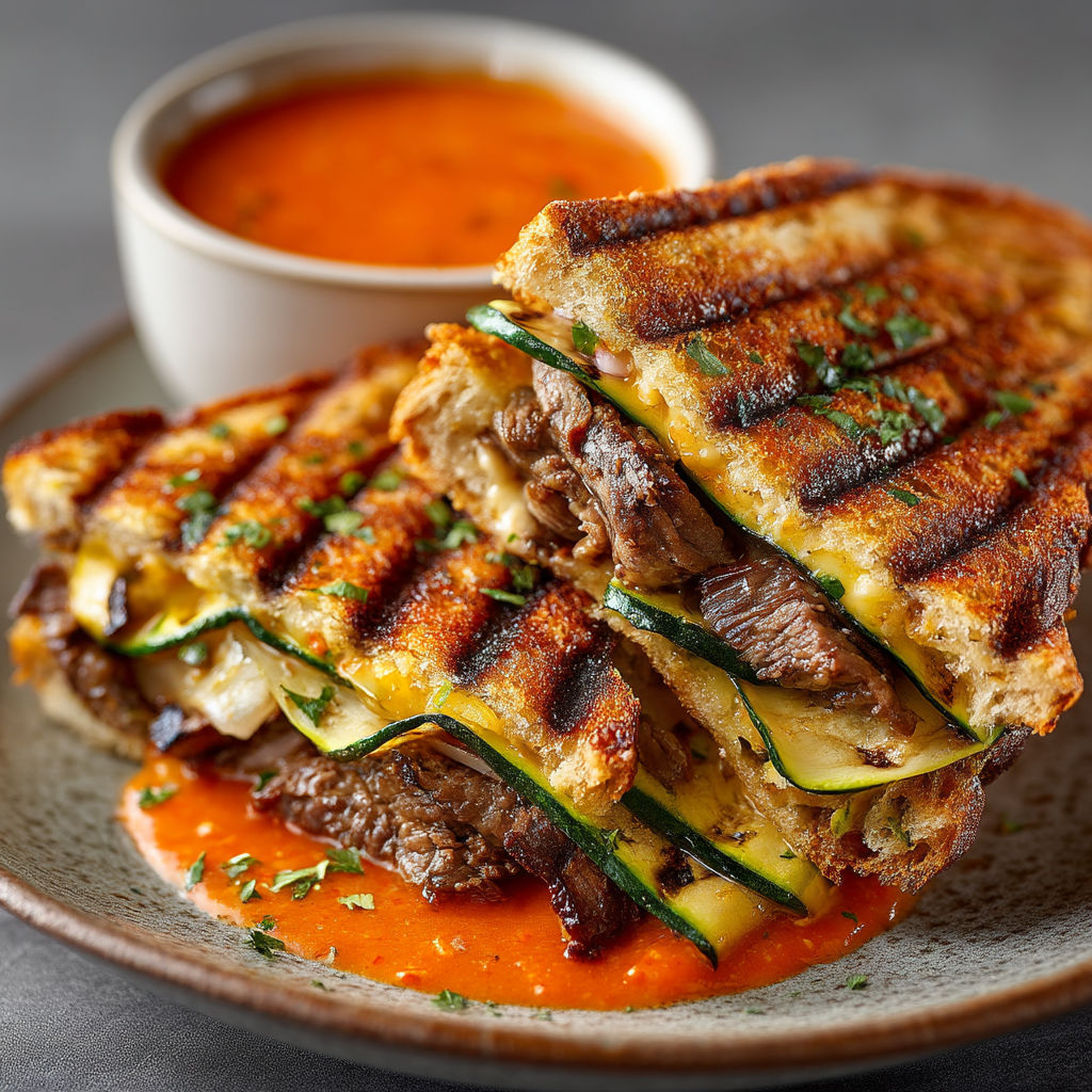 Une grilled cheese sandwich avec des courgettes et une sauce criolla.