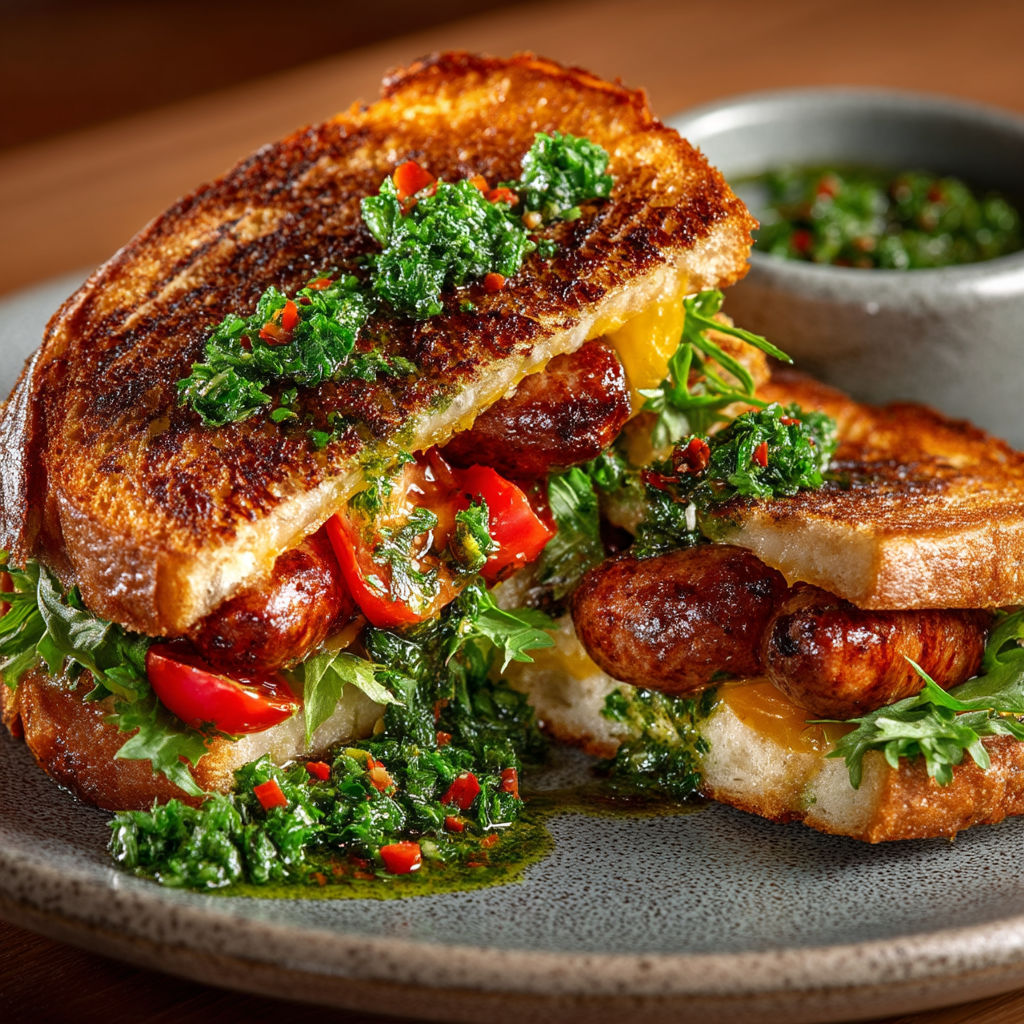 Une sandwich croque avec sauce chimichurri.