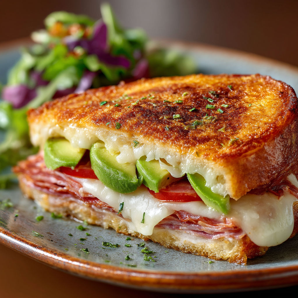 Une tranche de croque au chorizo et avocat.