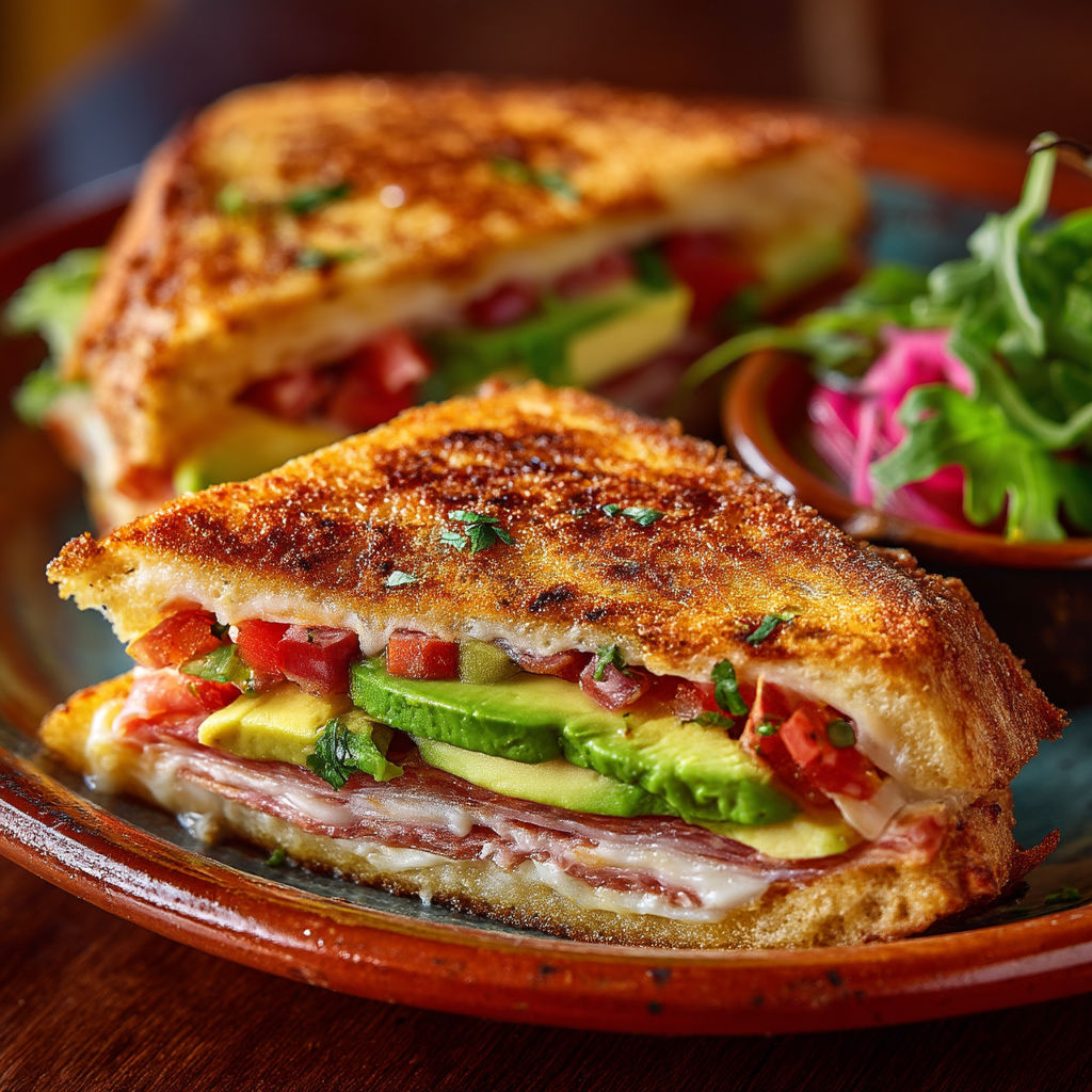 Une sandwich grillé avec des tomates et des avocats.