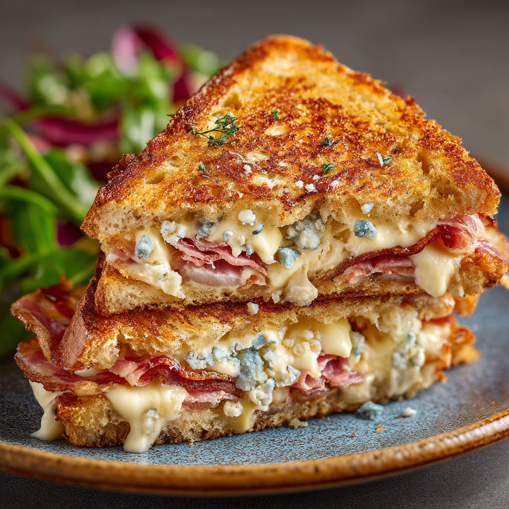 Une tranche de croque au bacon et stilton sur un plateau.