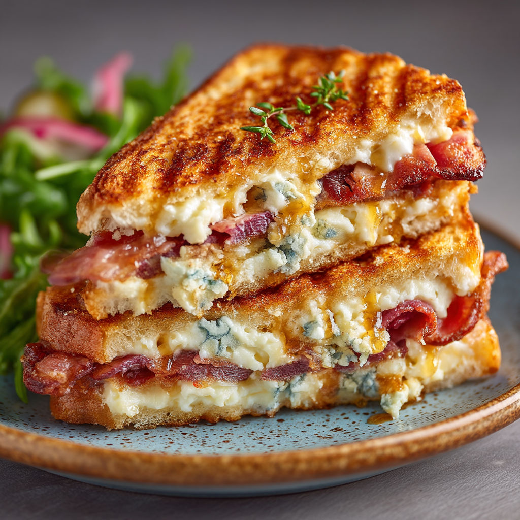 Une tranche de sandwich au bacon et au fromage.