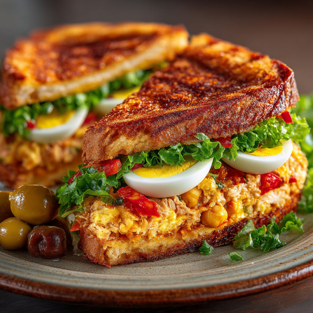 Une croque au thon avec des oeufs, des pois chiches et harissa.