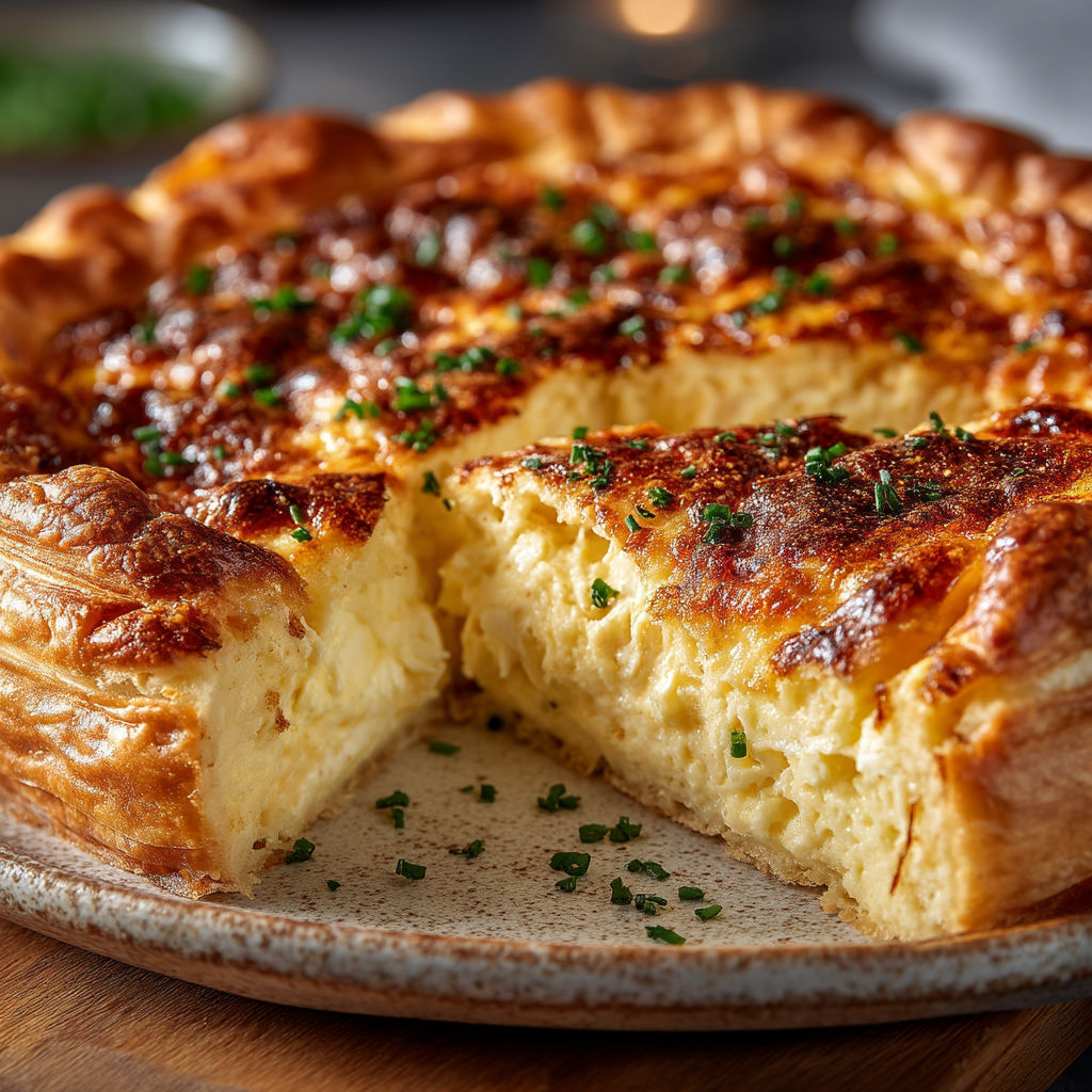 Une quiche soufflée au fromage est servie sur un plateau.