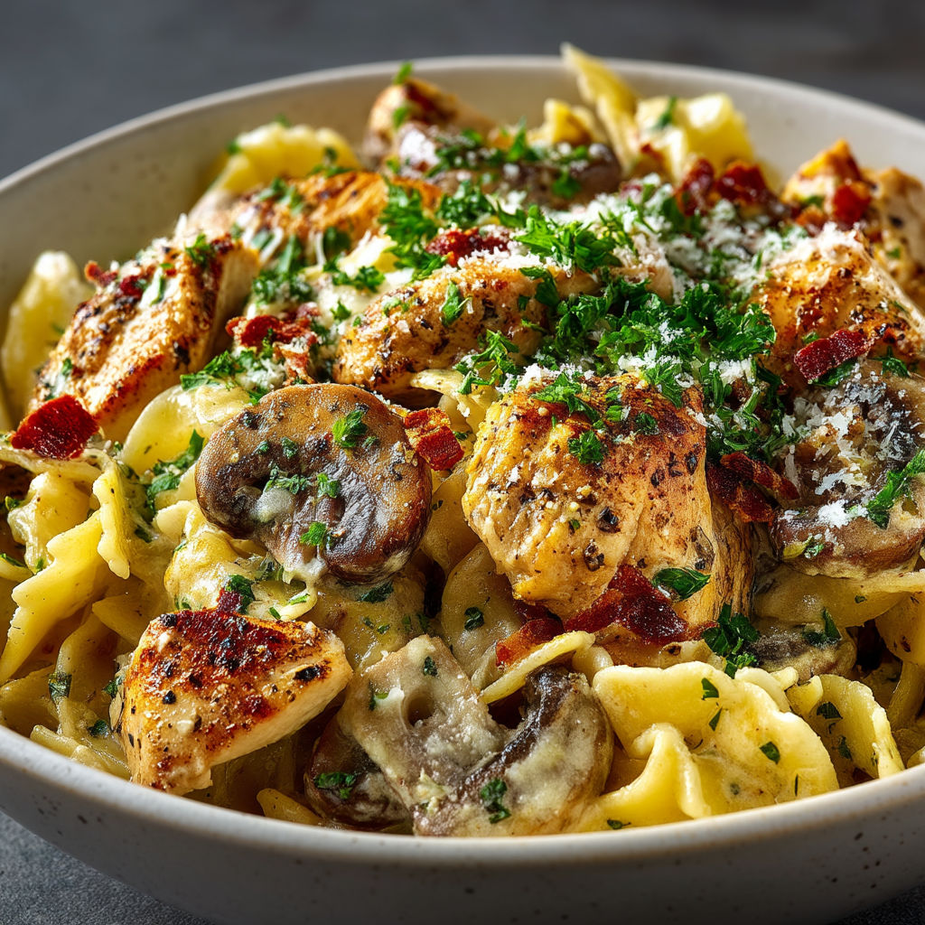 Pâtes au poulet, crème et champignons.
