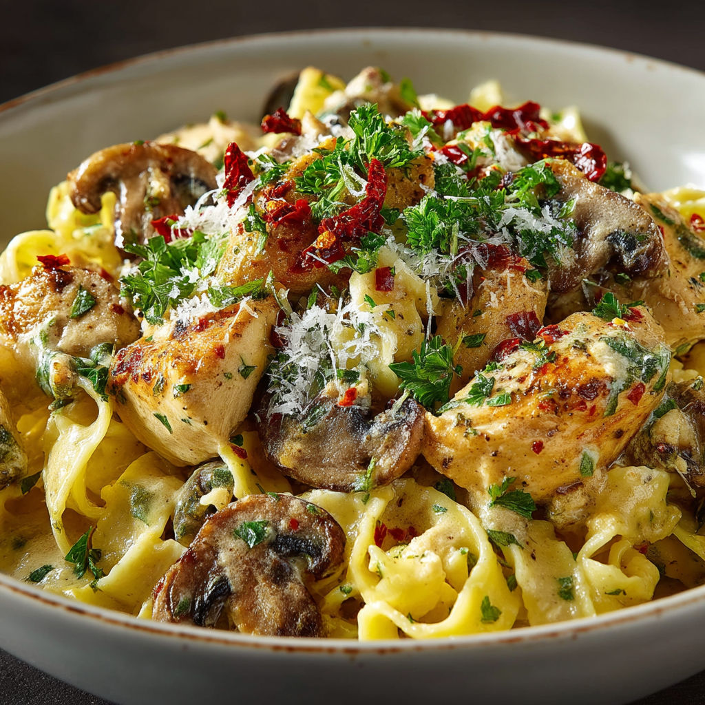Pâtes au poulet, crème et champignons.