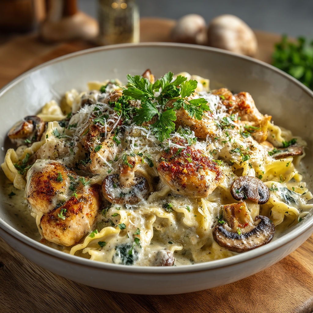 Pâtes au poulet, crème et champignons.
