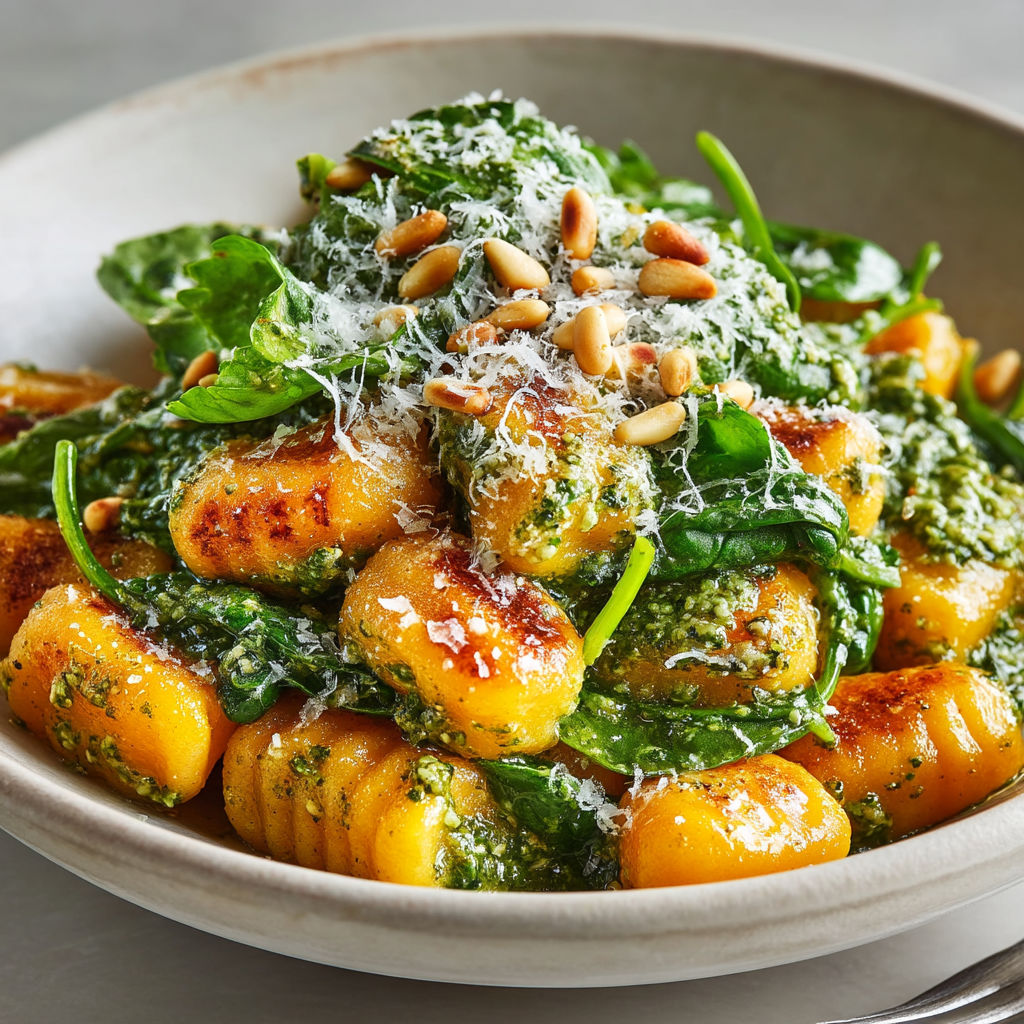 Gnocchis de patate douce au pesto.
