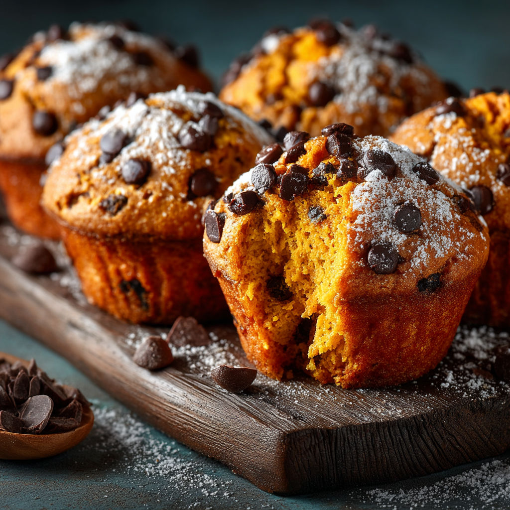Muffins with chocolate chips and powdered sugar.