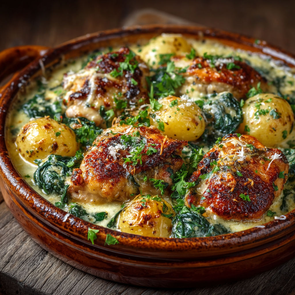 Poulet aux épinards et parmesan.