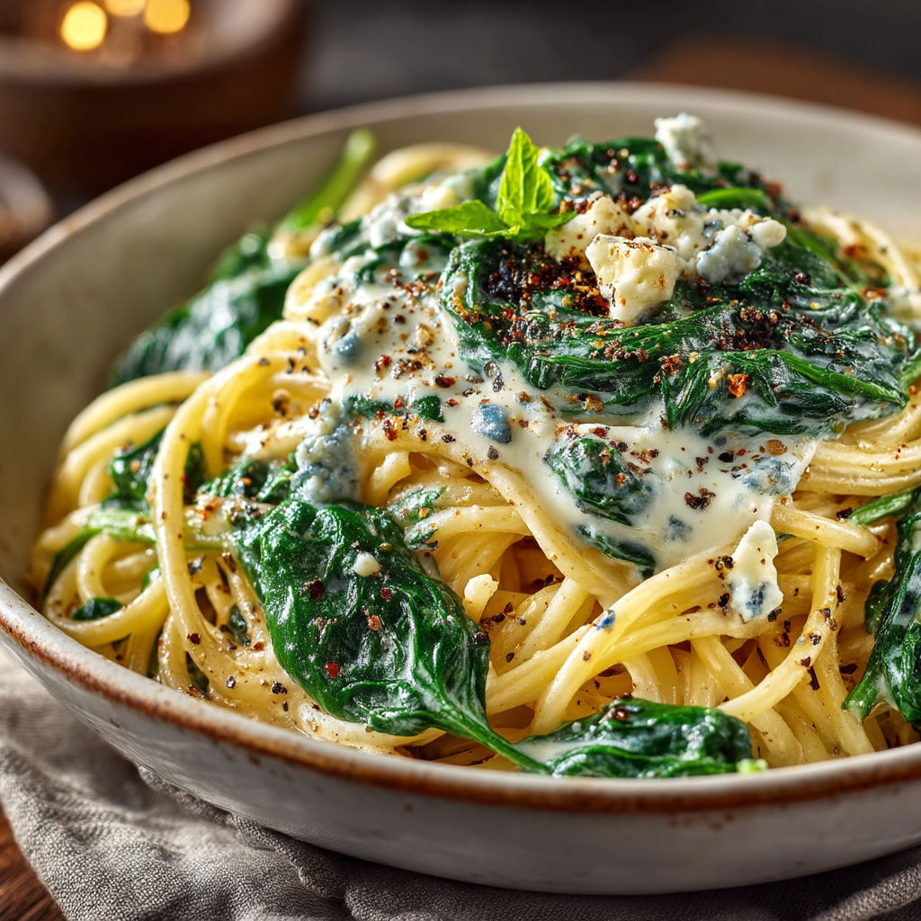 Une assiette de spaghetti avec des légumes verts et des herbes.