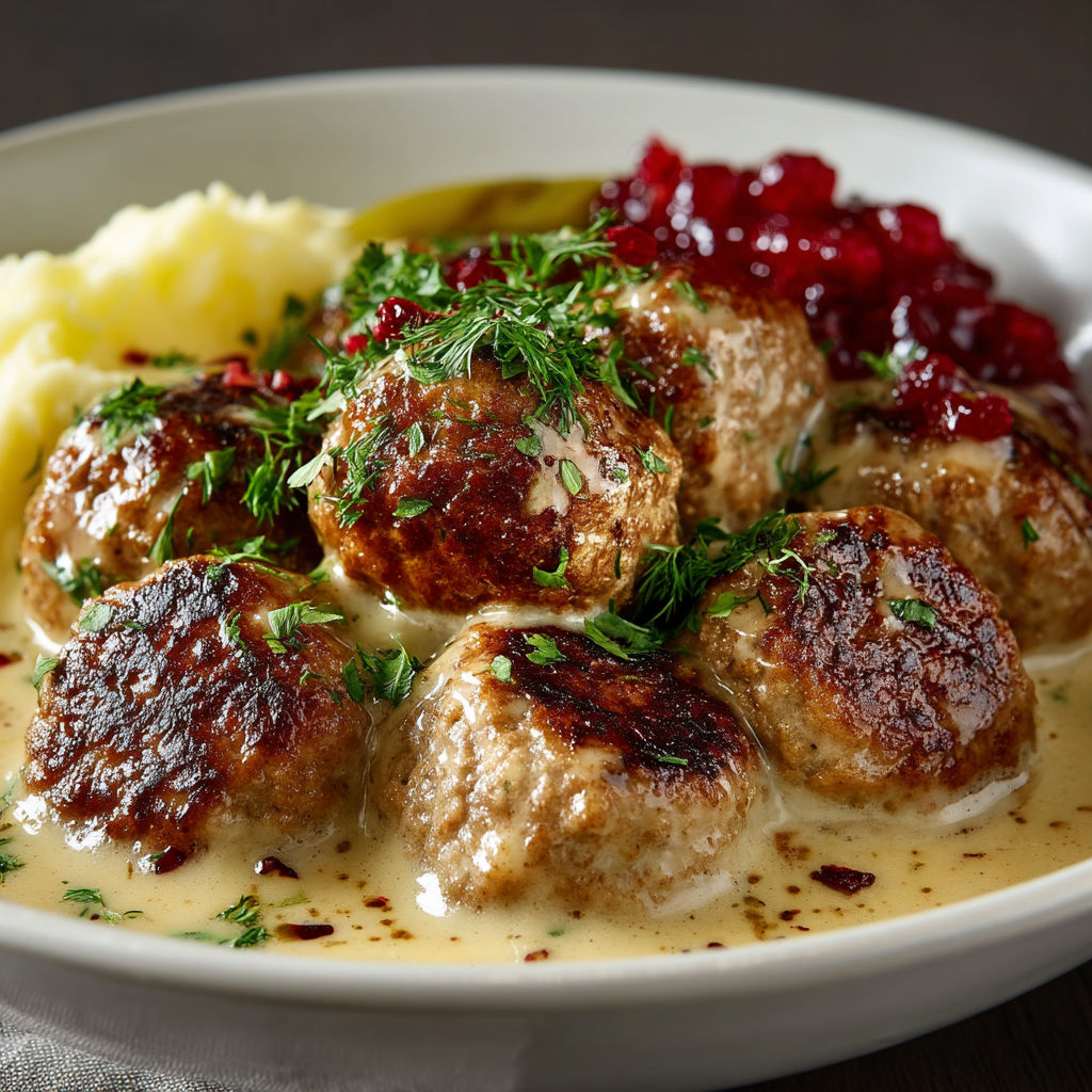 Plate of food with meatballs, potatoes and sauce.