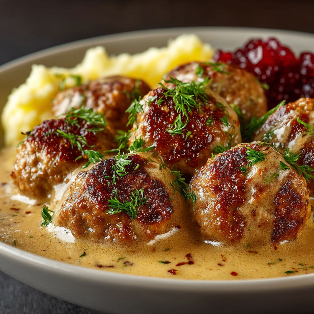 Un plat de boulettes et de pommes de terre.