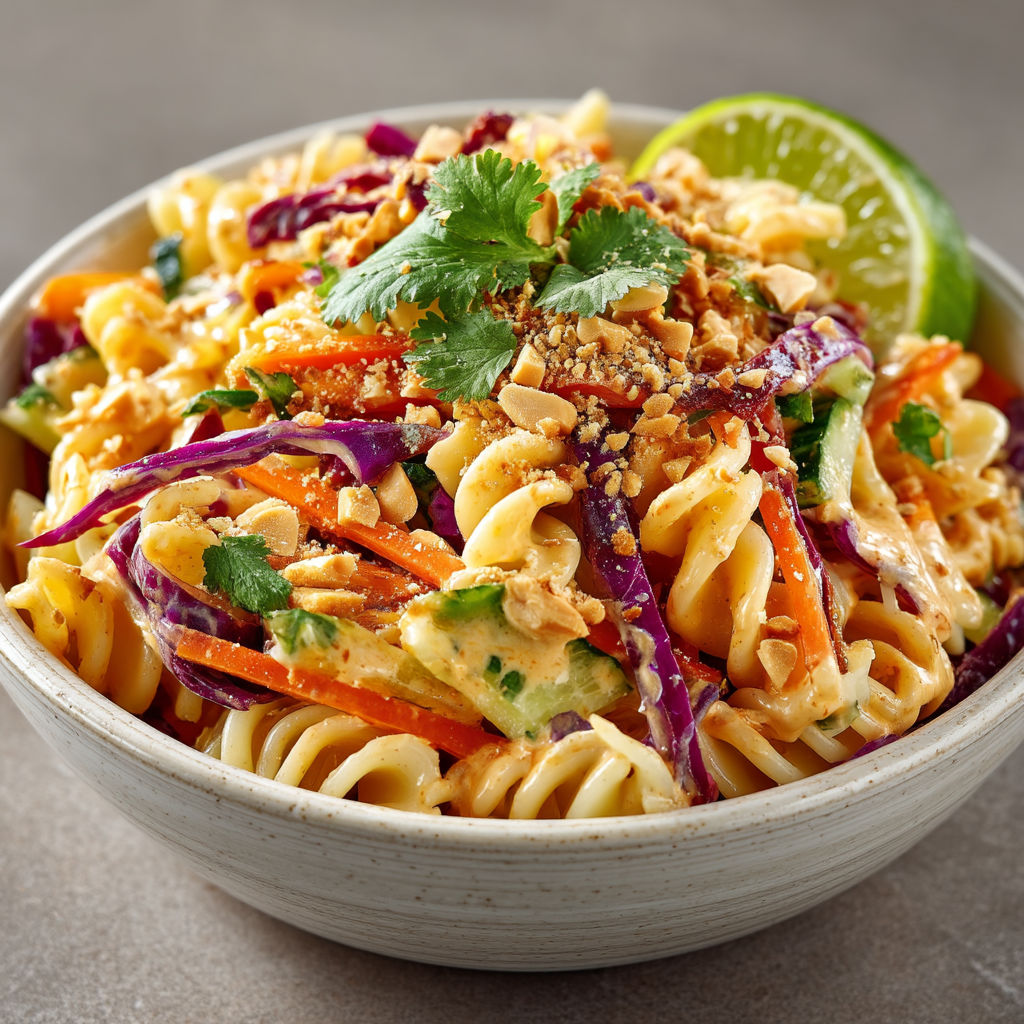 Une salade de noodles avec des légumes et des graines de sesame.