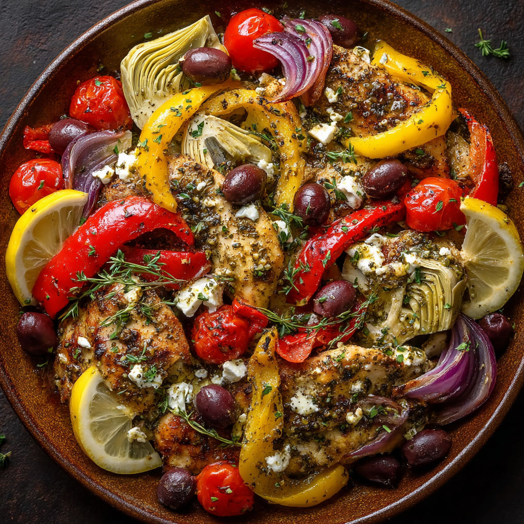Une assiette de légumes et de viande avec des légumes tels que des tomates, des poivrons, des oignons et des olives.