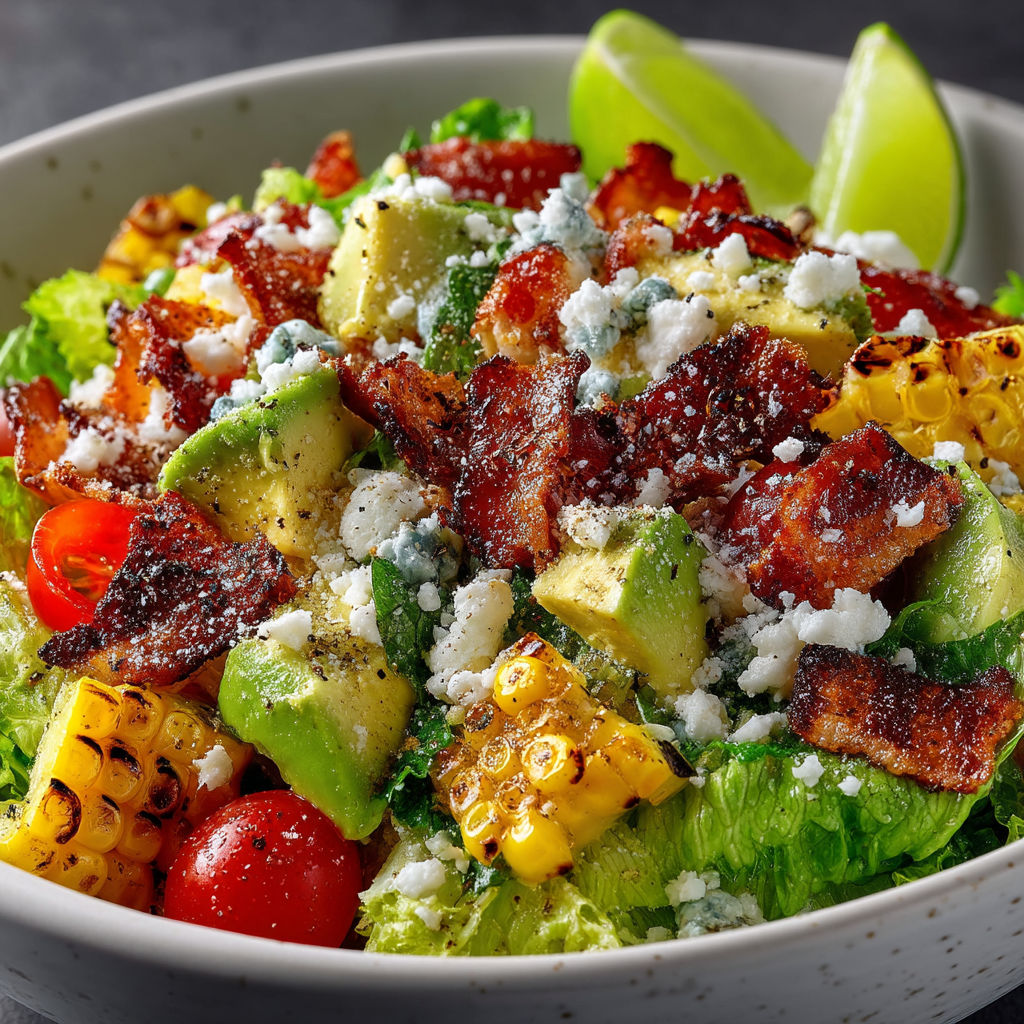 Salade de bacon et avocat avec des tomates.