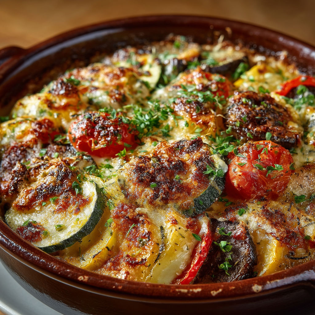 Une casserole de légumes et de fromage.