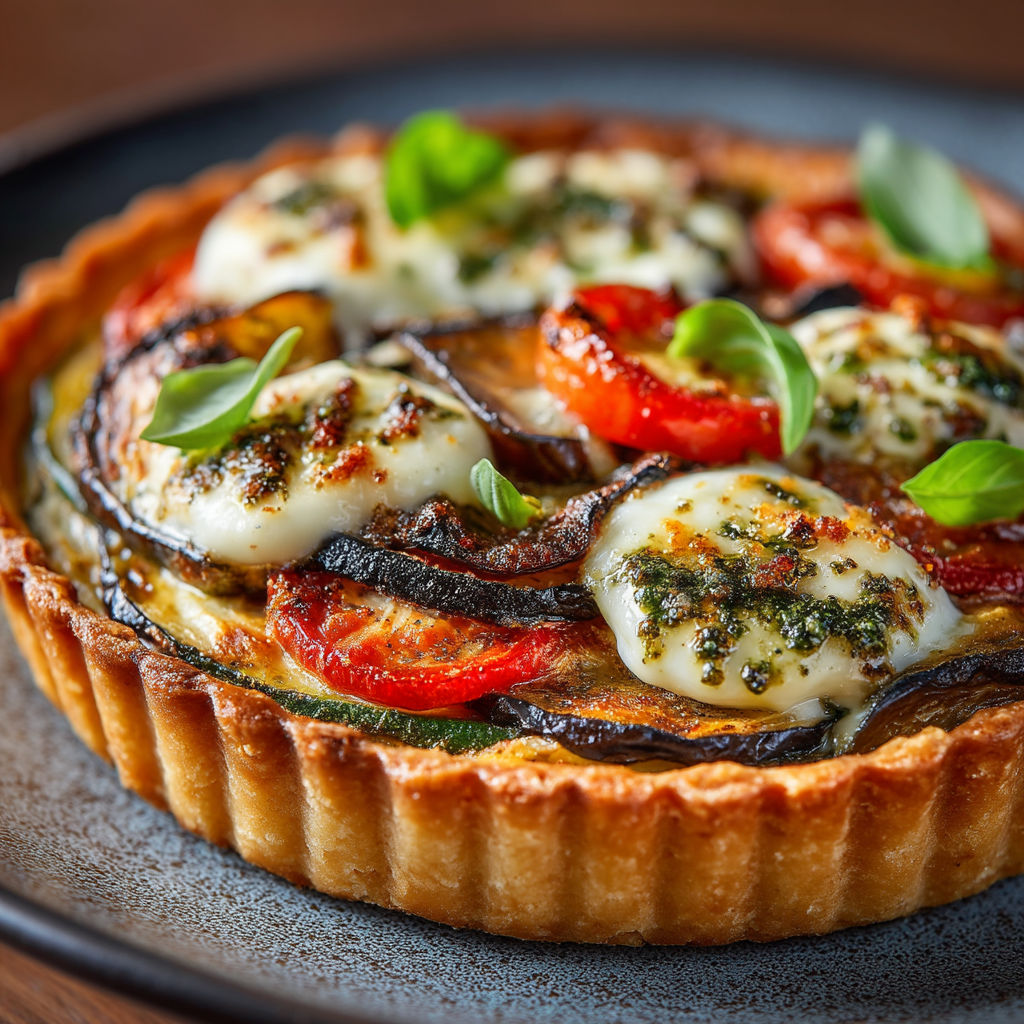 Une tarte aux légumes d'été sur un plateau.