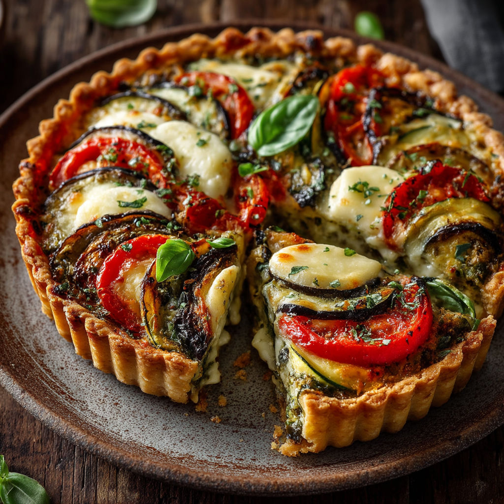 Une tarte aux légumes, avec des tomates, des aubergines et des herbes.