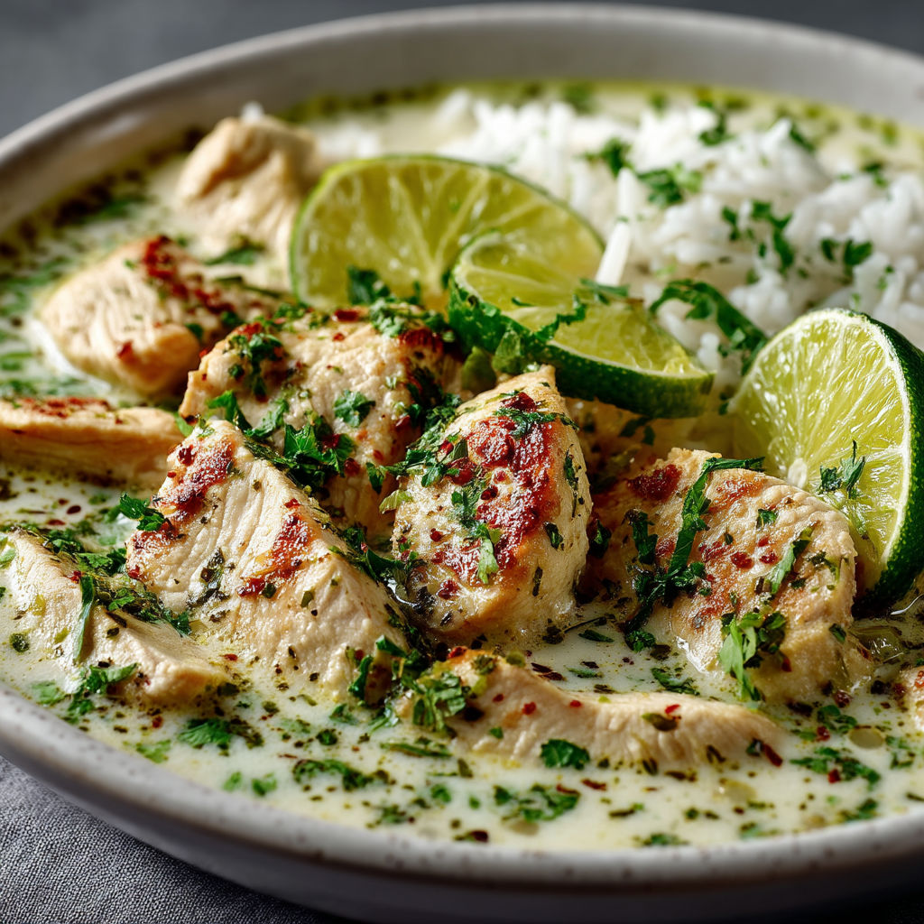 Une assiette de poulet avec des légumes verts et des limes.
