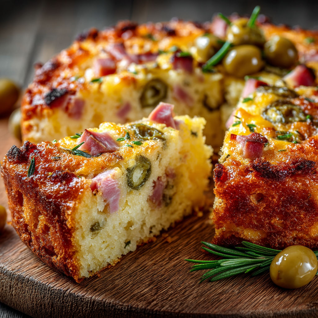 Une tranche de gâteau aux olives et jambon.