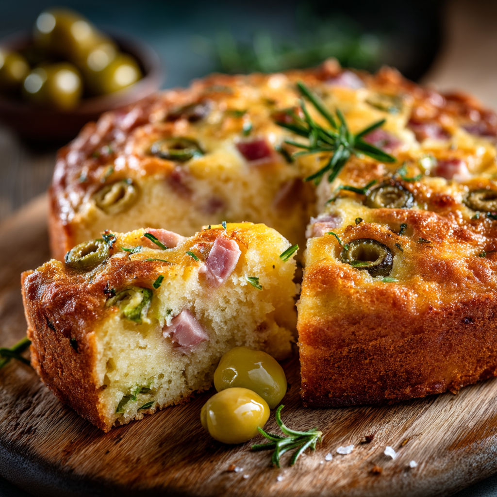 Une pièce de gâteau avec des olives et des herbes.