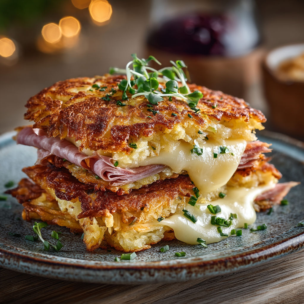 Une pile de croque monsieur avec des röstis et du jambon de Grisons.