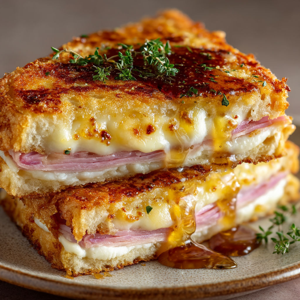 Croque monsieur avec sauce moutarde et miel.