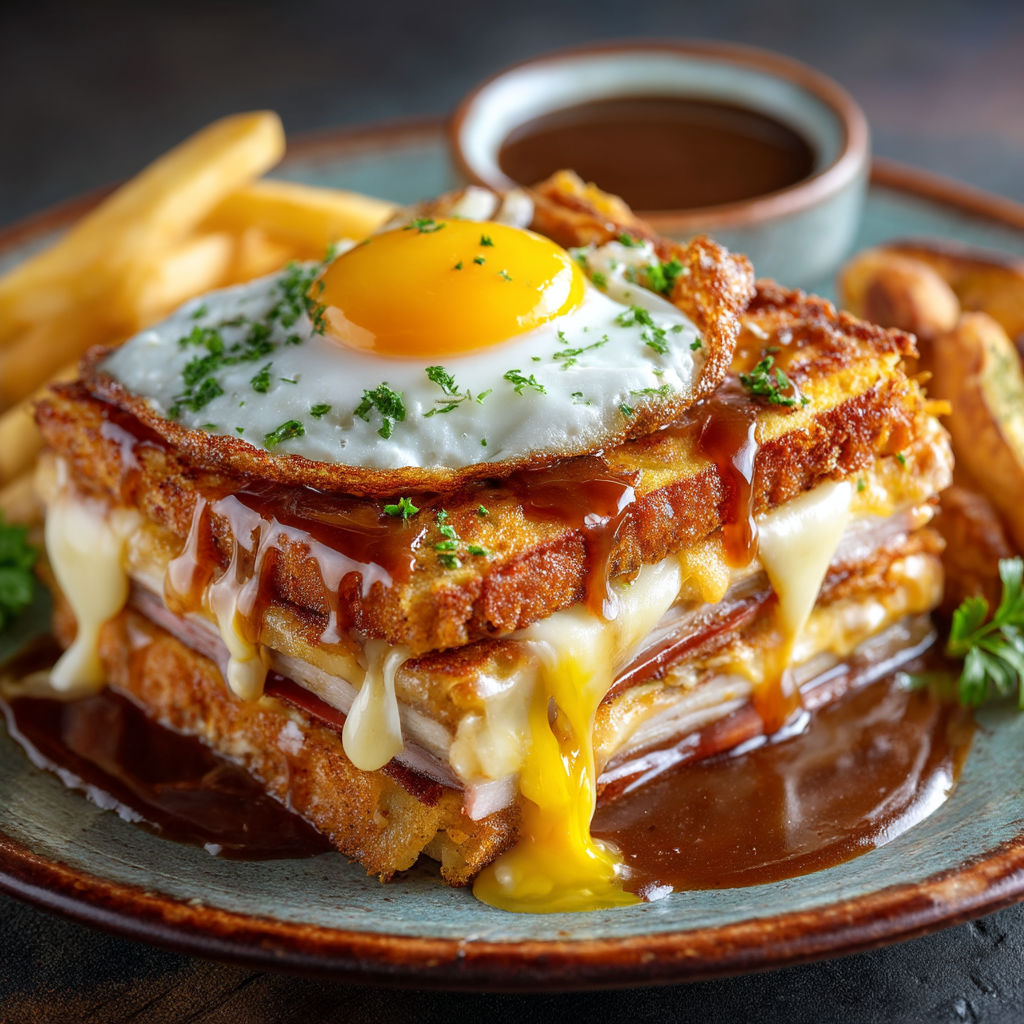 Une Francesinha chaude avec des frites.