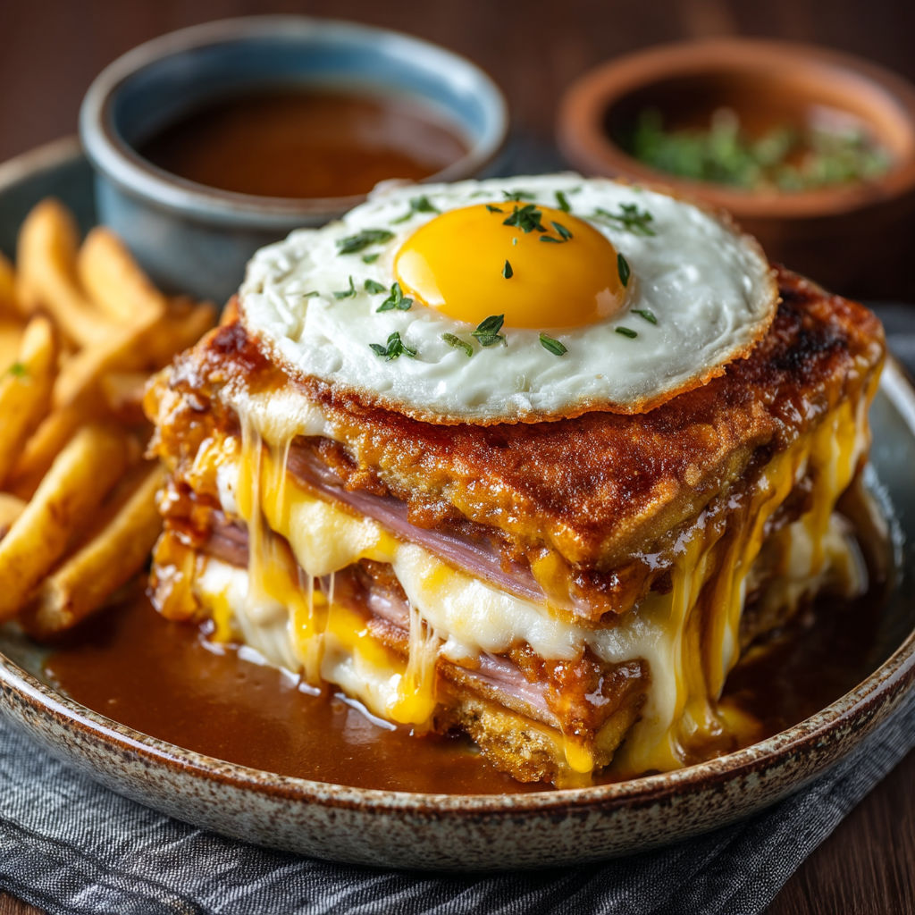 Une pâte de croissant avec des œufs et des frites.