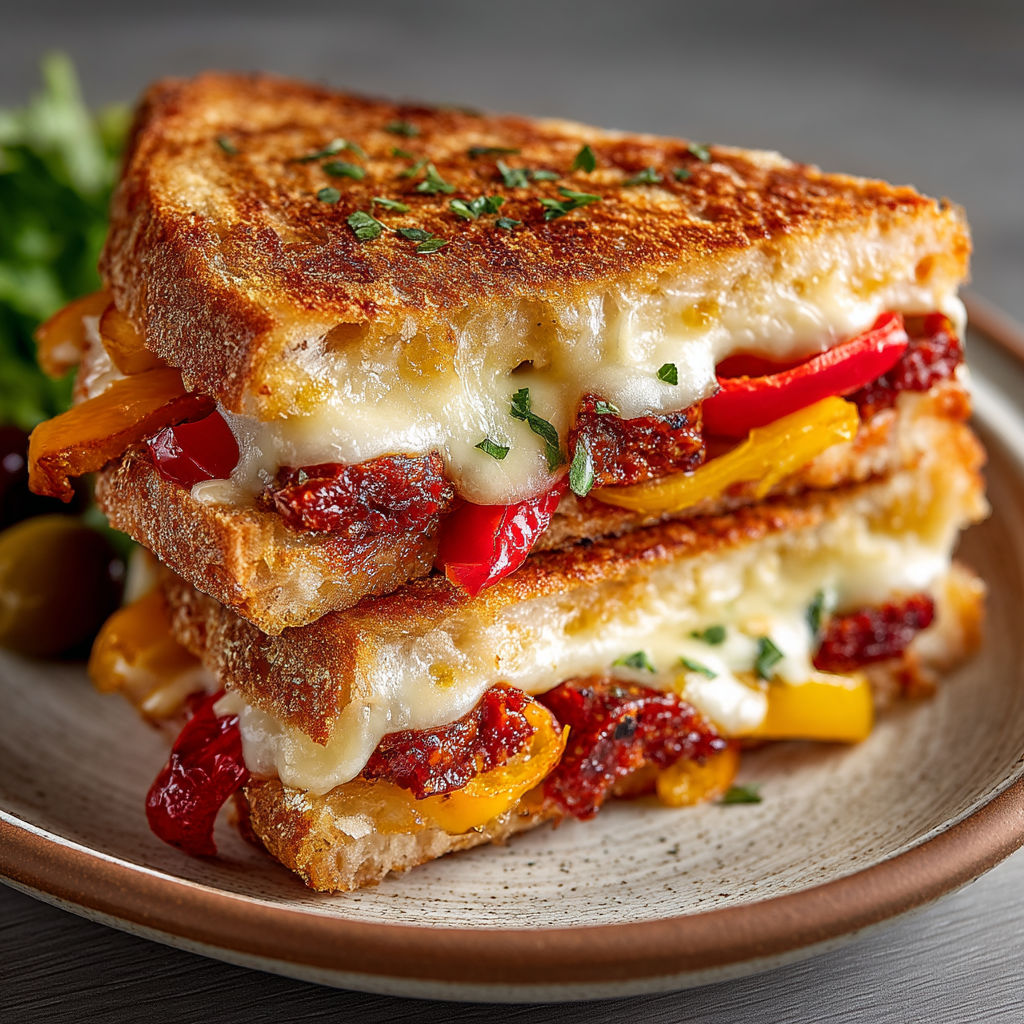 Une tranche de croque au chorizo, manchego et poivrons grillés.