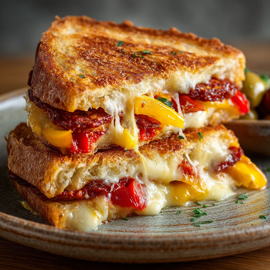 Une tranche de sandwich grillé avec des tomates et du fromage.
