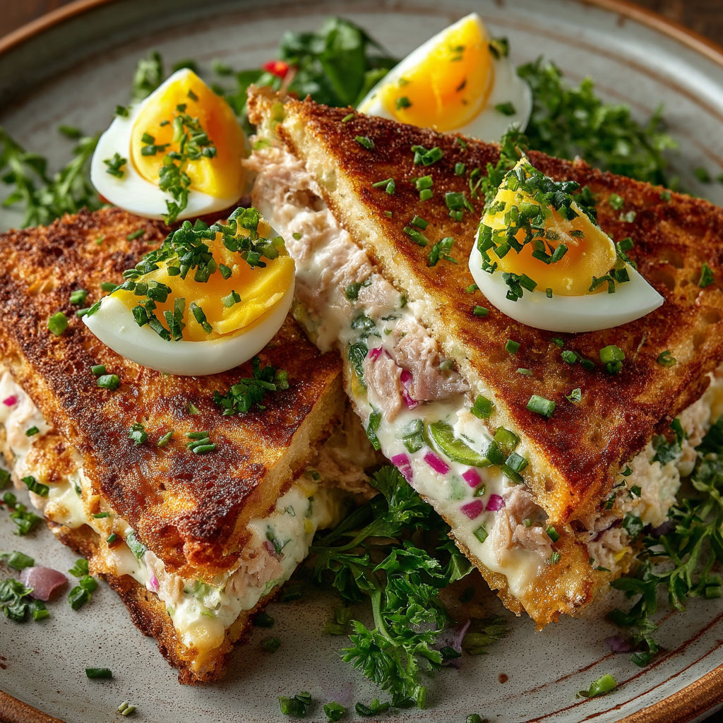 Une tranche de croque monsieur avec des légumes et des œufs.