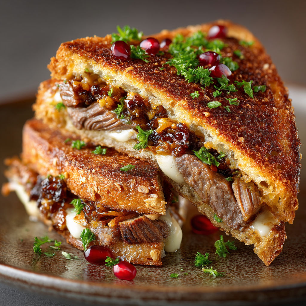Une croque monsieur orientale avec du lamb et des épices.