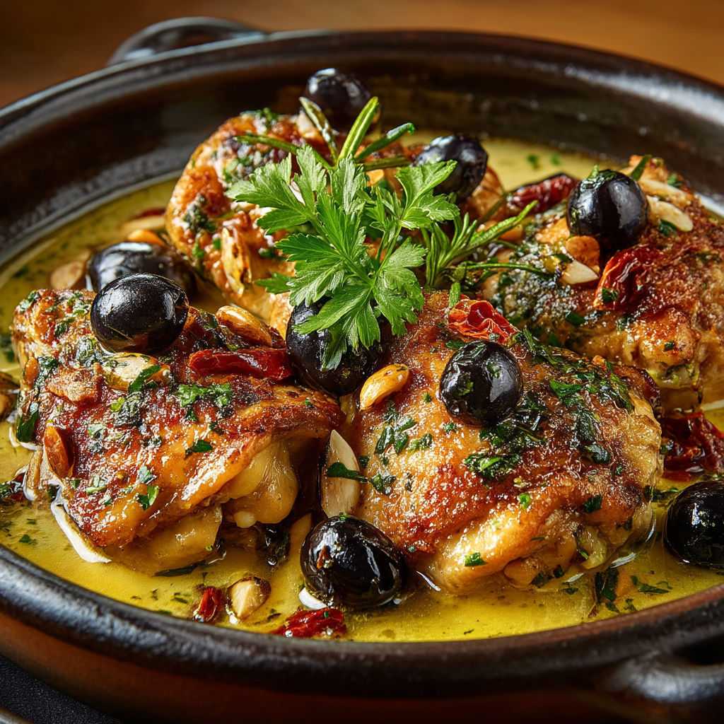 Lapin à l'italienne avec des olives et des herbes.