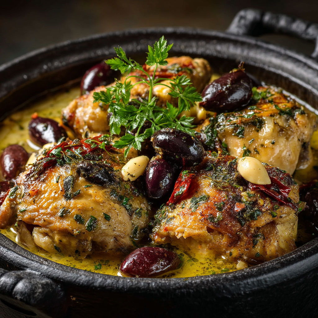 Une assiette de poulet avec des légumes et des graines.