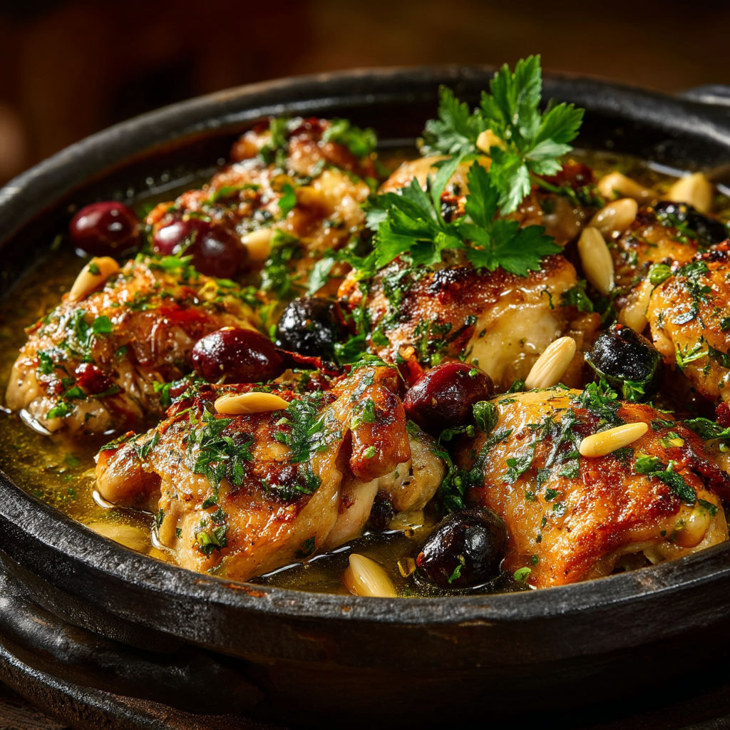 Un plat de poulet avec des herbes et des noix.