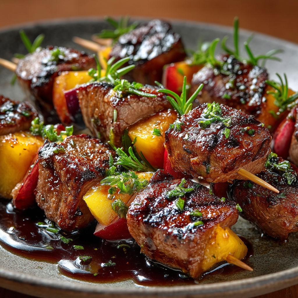 Des brochettes de viande grillée avec des herbes et des légumes.