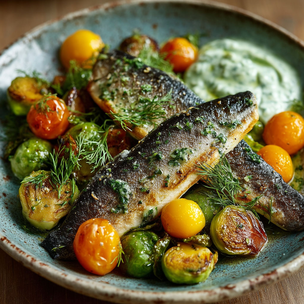 Un plat de poisson grillé avec des légumes verts et des tomates.