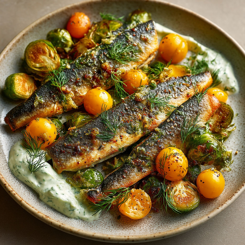 Plate of fish with tomatoes and herbs.