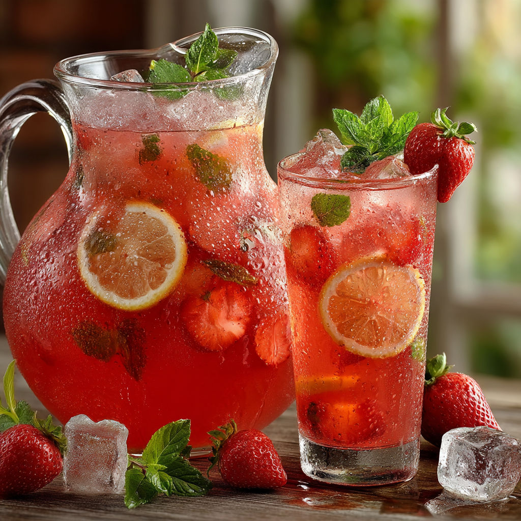 Un verre de jus de strawberry et un vase de jus de strawberry.