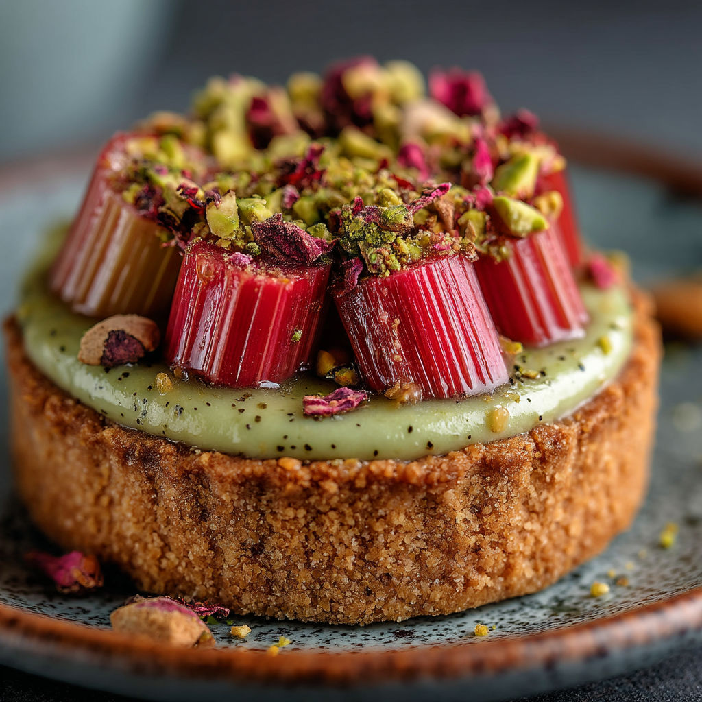 Une tarte à la rhubarbe, rose et pistaches.