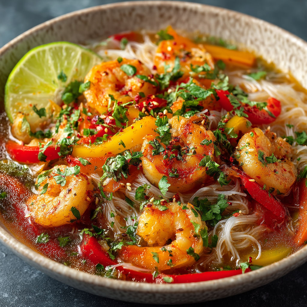 Vermicelles aux crevettes et poivrons.