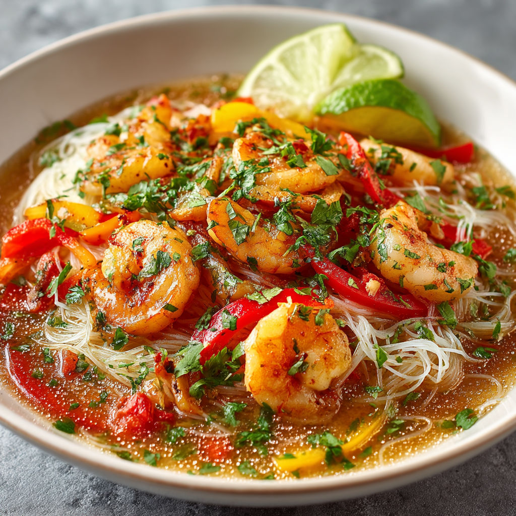 Soupe de langoustines avec des légumes.
