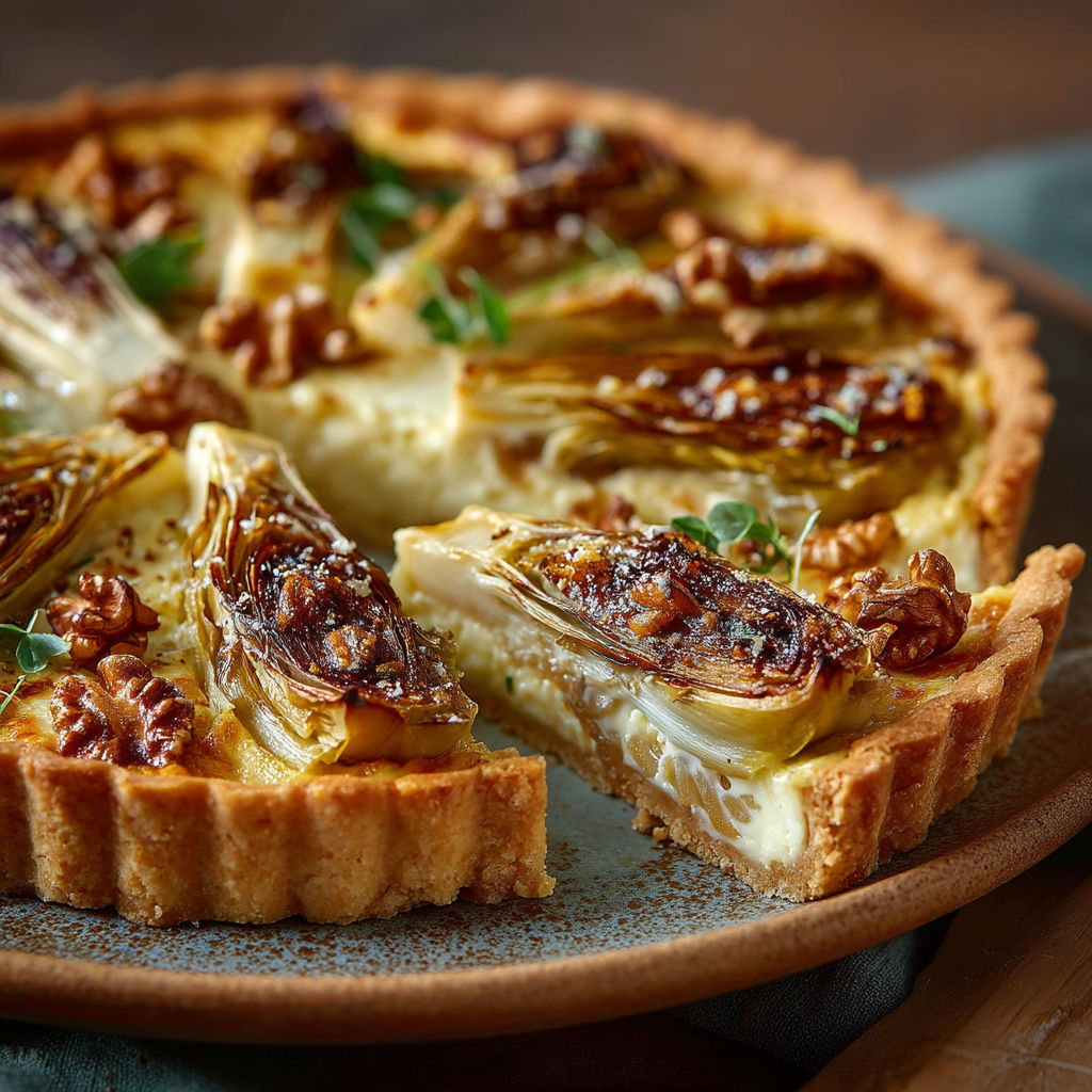 Une tarte aux légumes, avec des légumes et des noix, est servie sur un plateau.