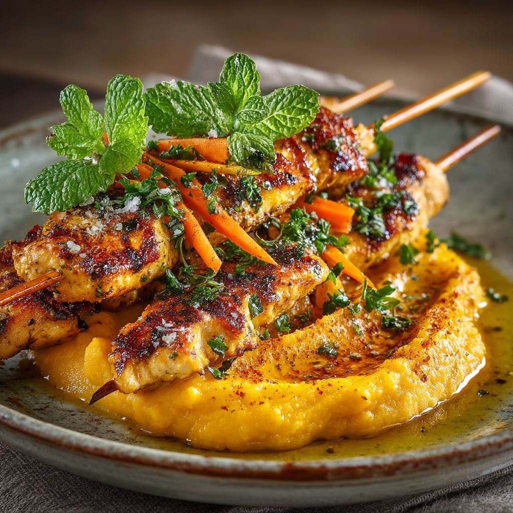 Brochettes de poulet au citron et purée de panais et carottes.
