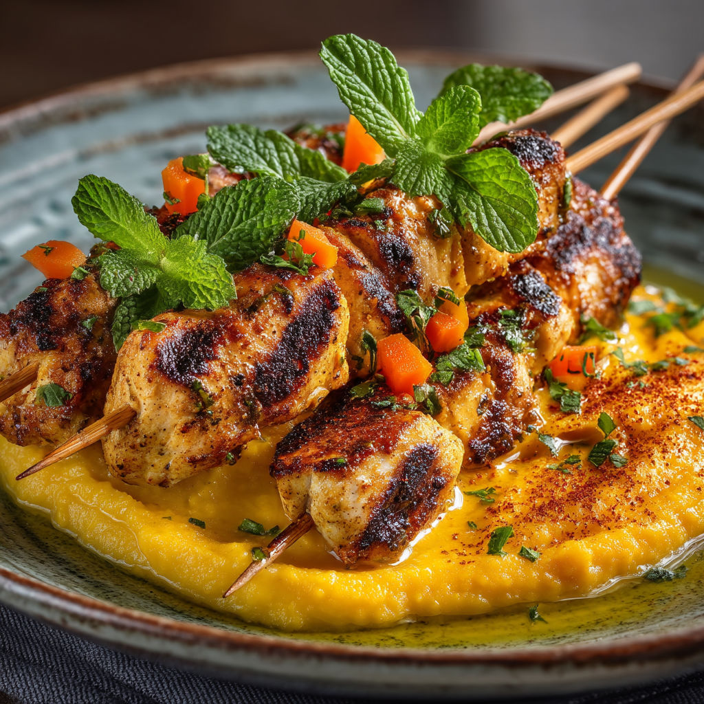 Une assiette de nourriture avec des brochettes de viande et des herbes.