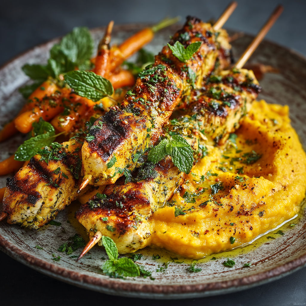 Une assiette de brochettes de poulet et de carottes.